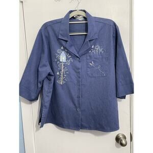 Vintage Bonworth Shacket XXL Blue Embroidered Birdhouse Floral Boho 3/4 Sleeves
